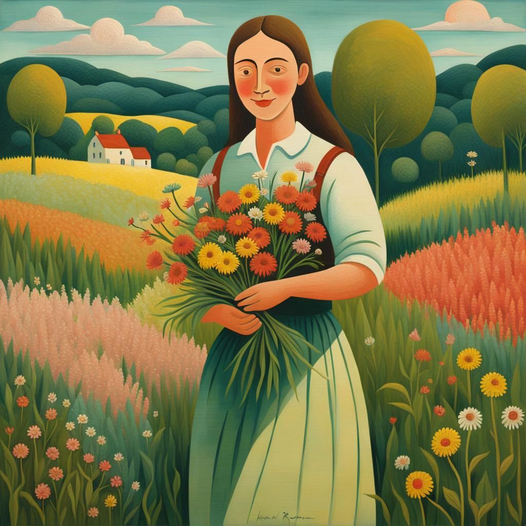 Naive Folk Art Woman with Wildflower Bouquet