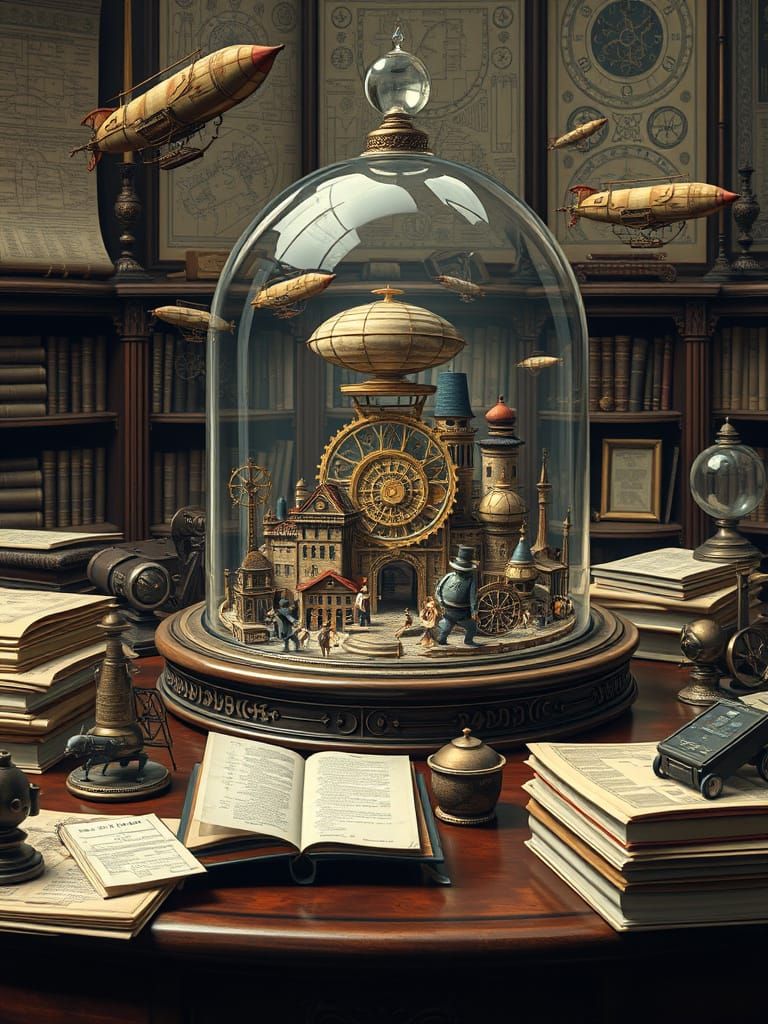 Miniature Steampunk City in Glass Dome