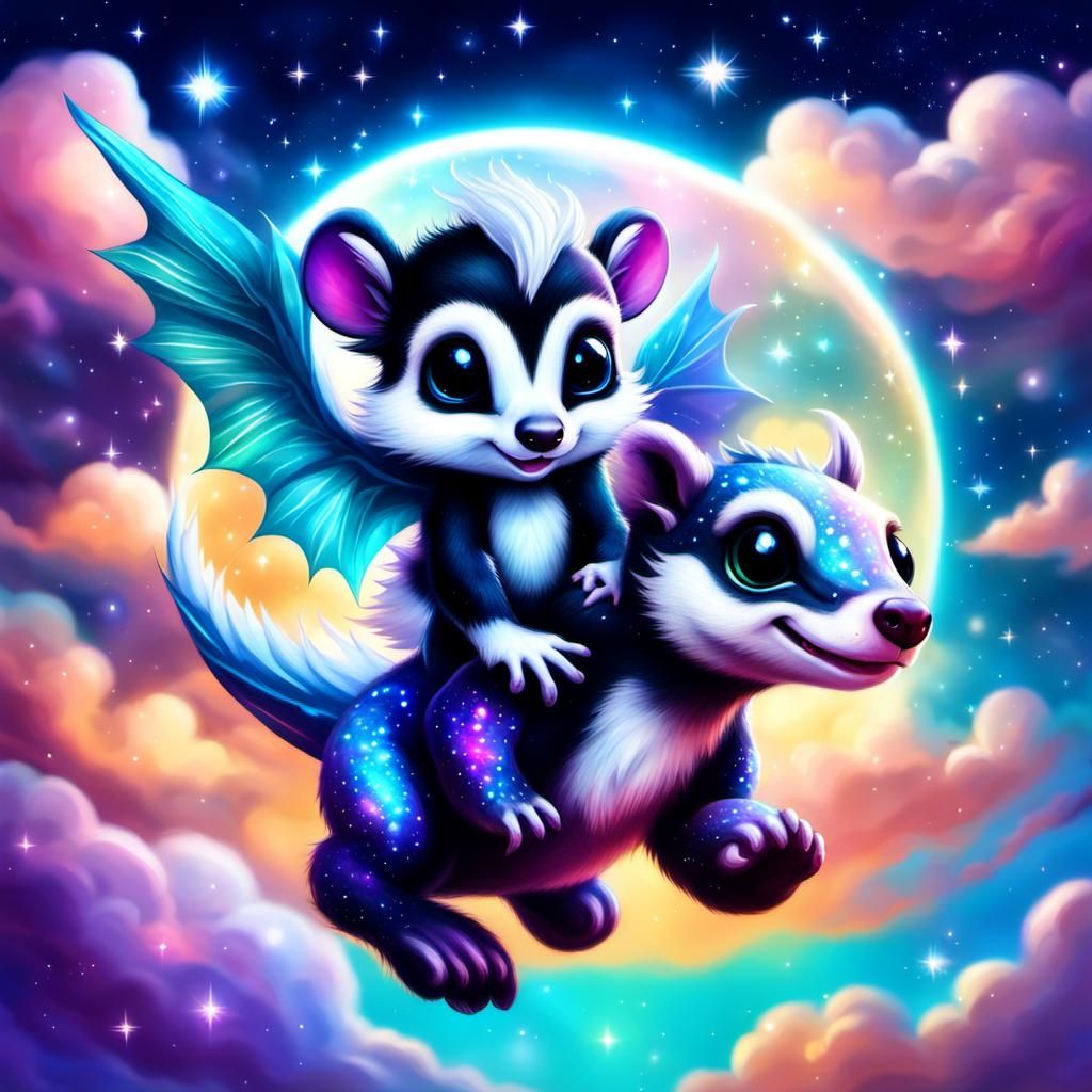 Adorable baby skunk flying on a baby dragon's back flying in the sky