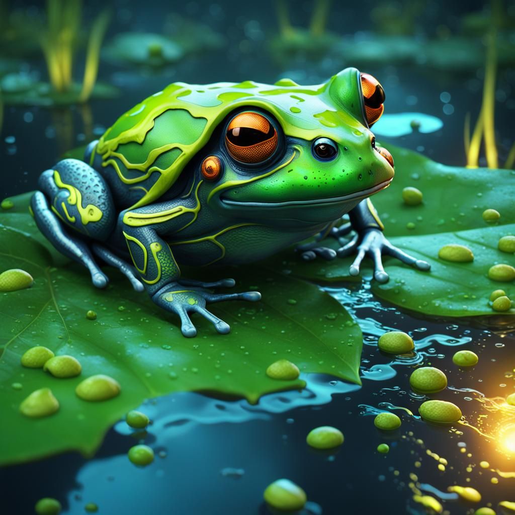 Cybernetic Frog in Acidic Landscape, Lime Green Glow