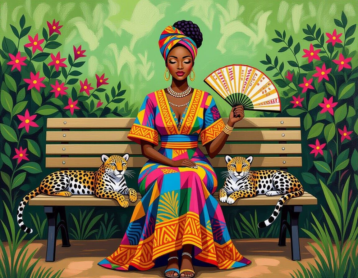 Woman and Leopard in Lush Acrylic Landscape