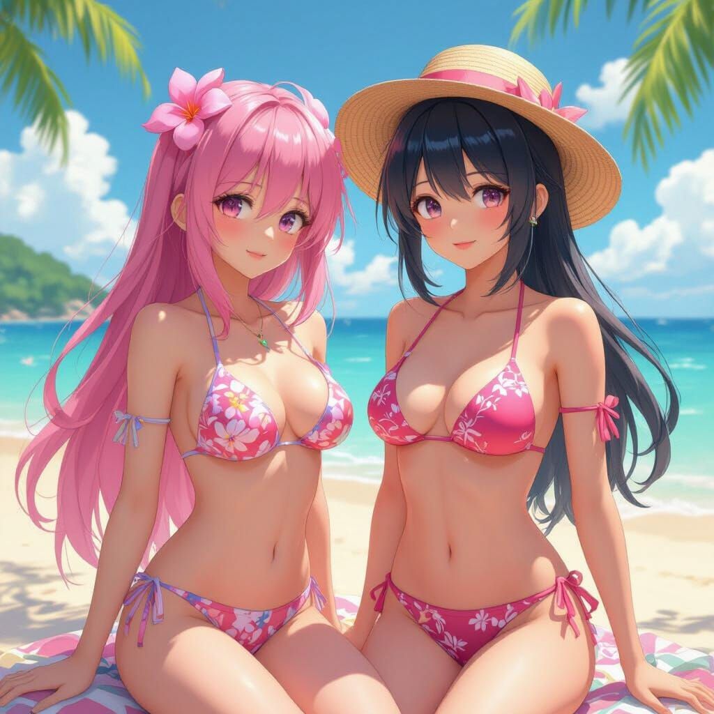 Sakura and Hinata in Bikinis on Sunny Beach