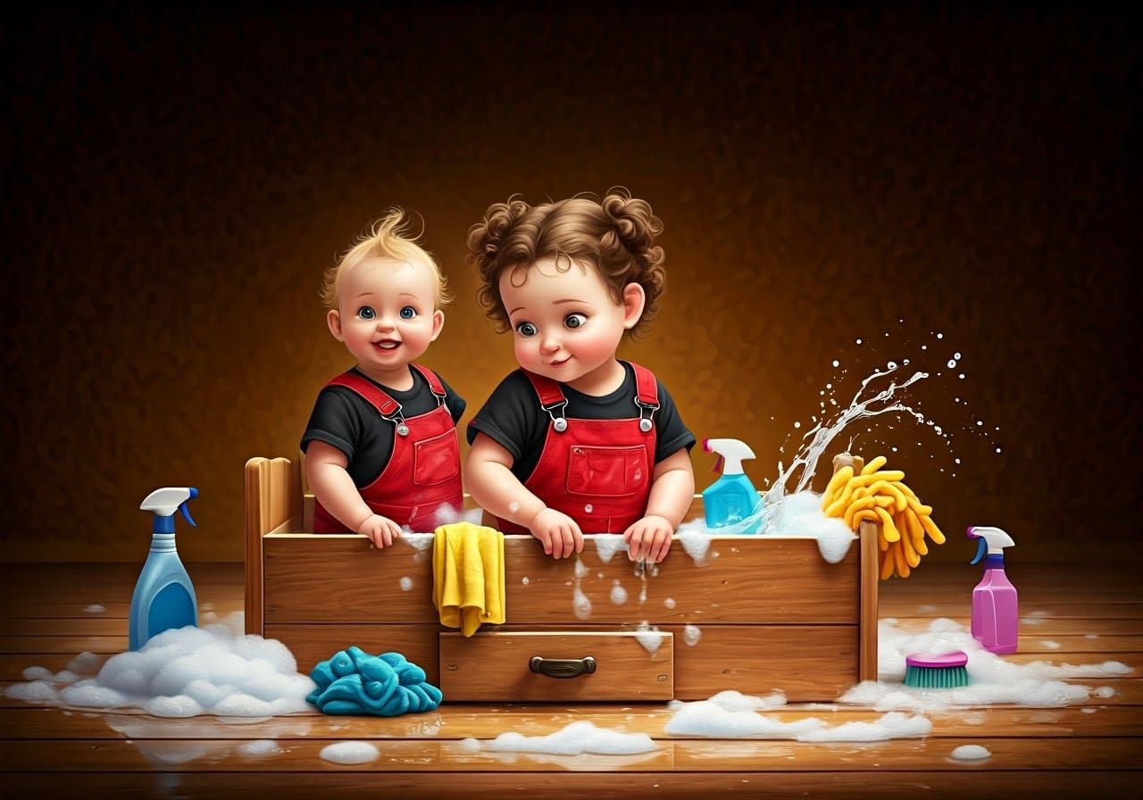 Fair Skinned Babies Play in Colorful Cleaning Chaos
