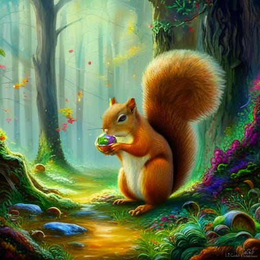 Squirrel in Ethereal Forest with Golden Nut
