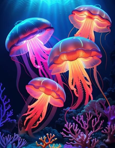 Glowing Jellyfish in a Neon Coral Reef