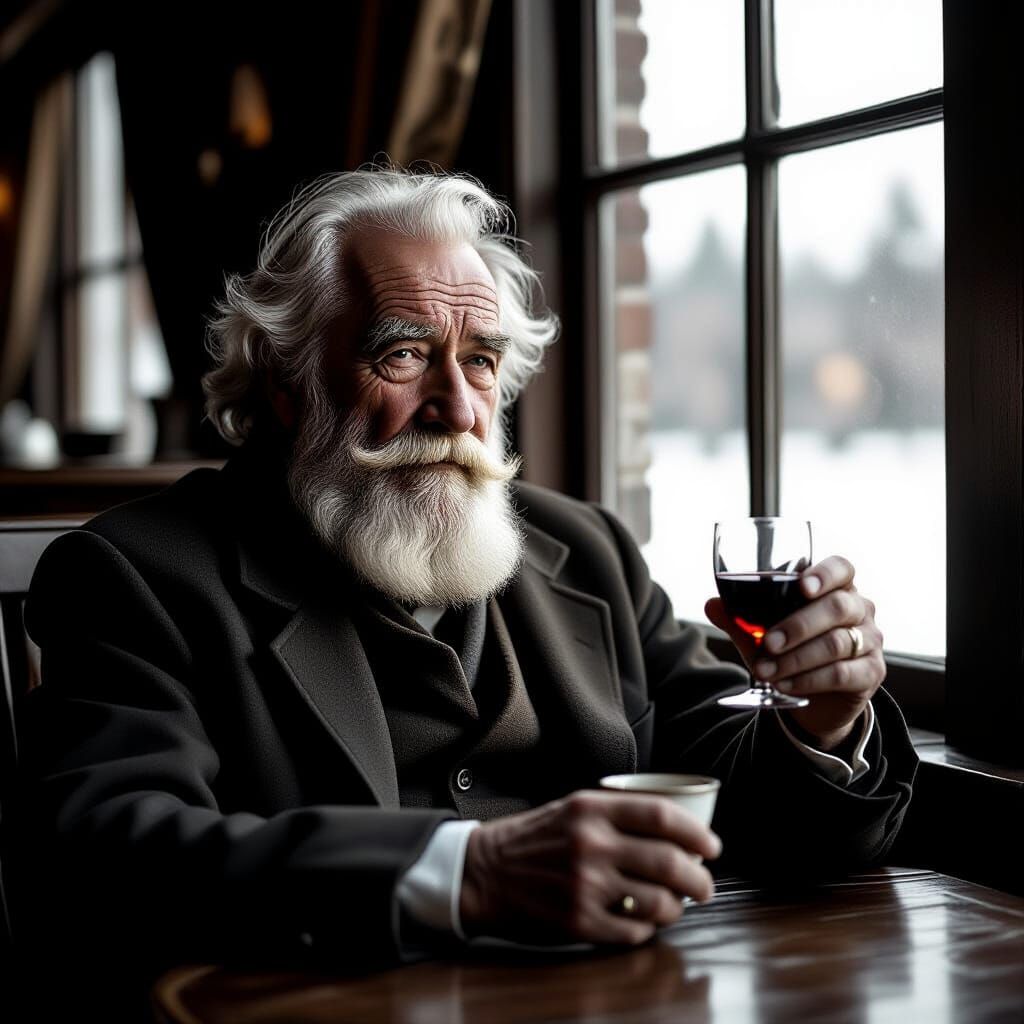 Elderly Man Enjoys Wine in Vintage Cinematic Scene