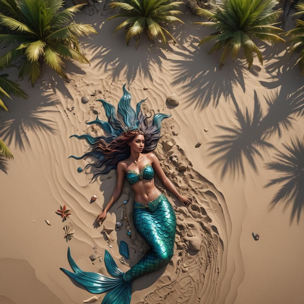 Stranded Mermaid on Tropical Beach in Matte Painting Style