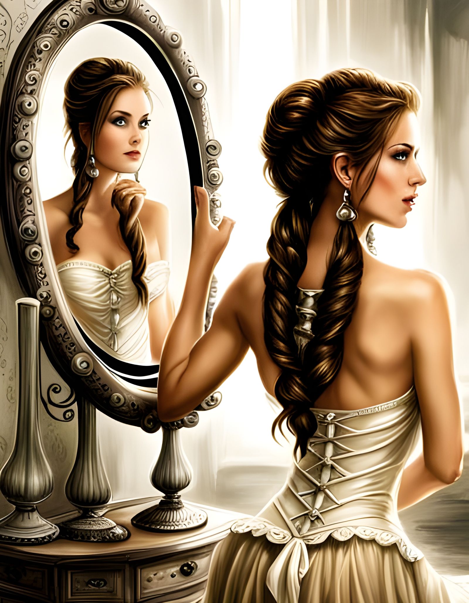 Sorceress and Magic Mirror in Detailed Drawing Style