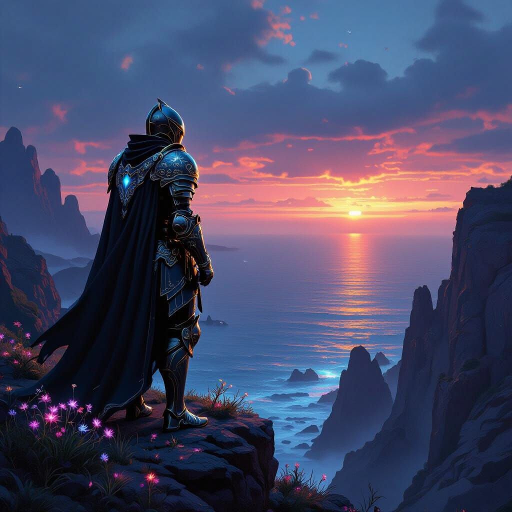 A majestic knight in ornate, futuristic armor stands on a wi...