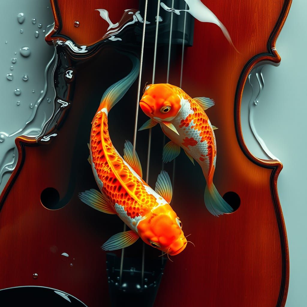Surrealistic Koi Fish Inside a Violin in Double Exposure