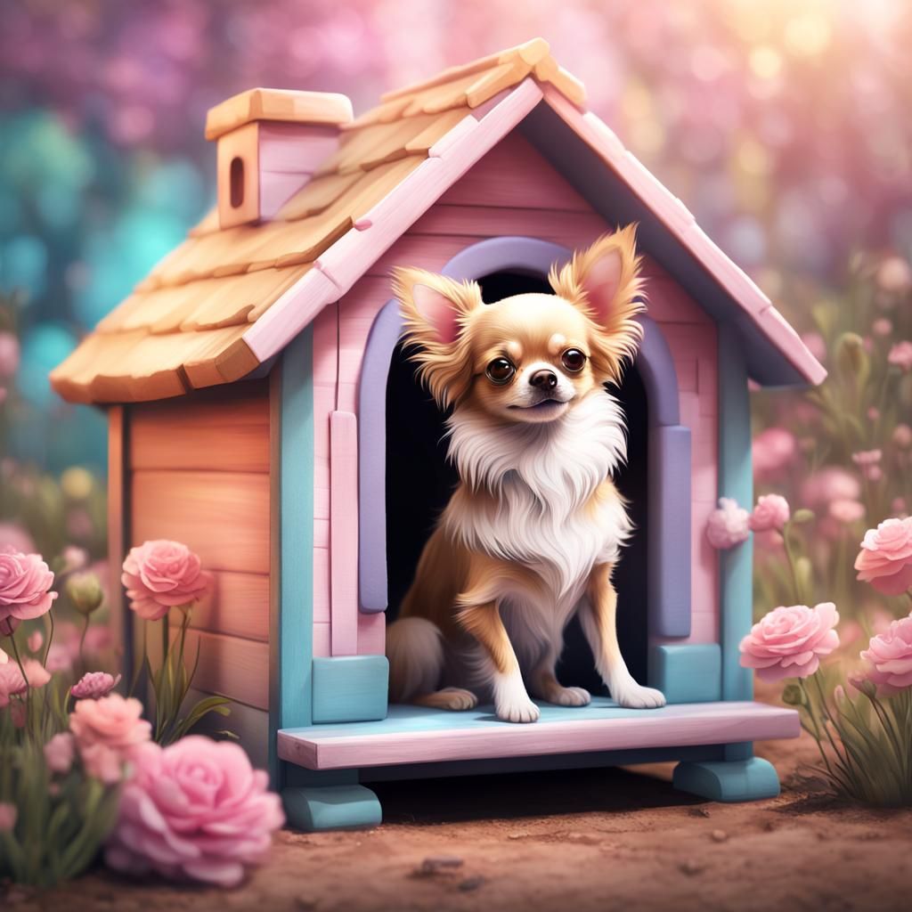 Pastel Chihuahua in Doghouse with Teddy Bear