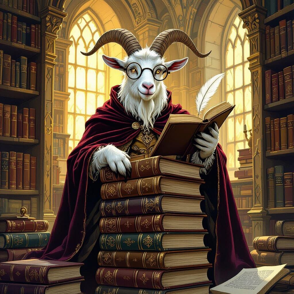 Wise Goat Scribe in Sunlit Library, Fantasy Art Style