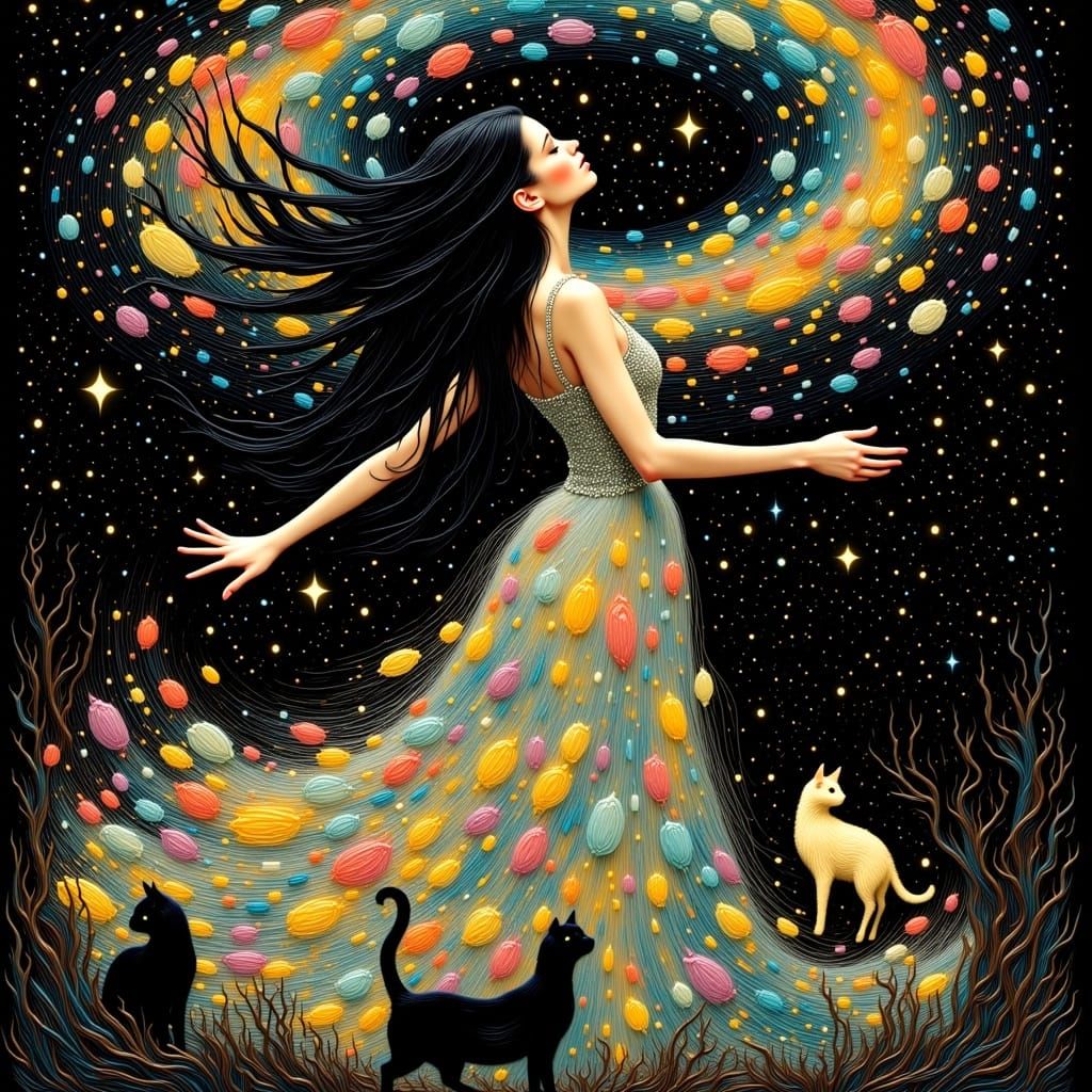 Woman Dancing Under Stars in Celestial Punk Style