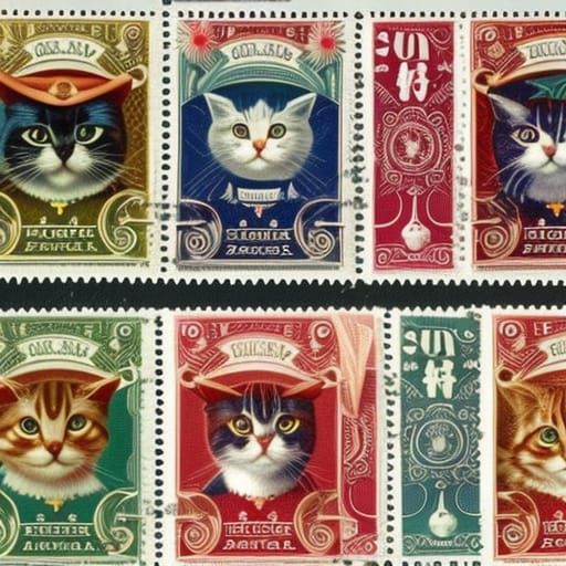 Vintage Postage Stamps of Pirate Cats in Teacups