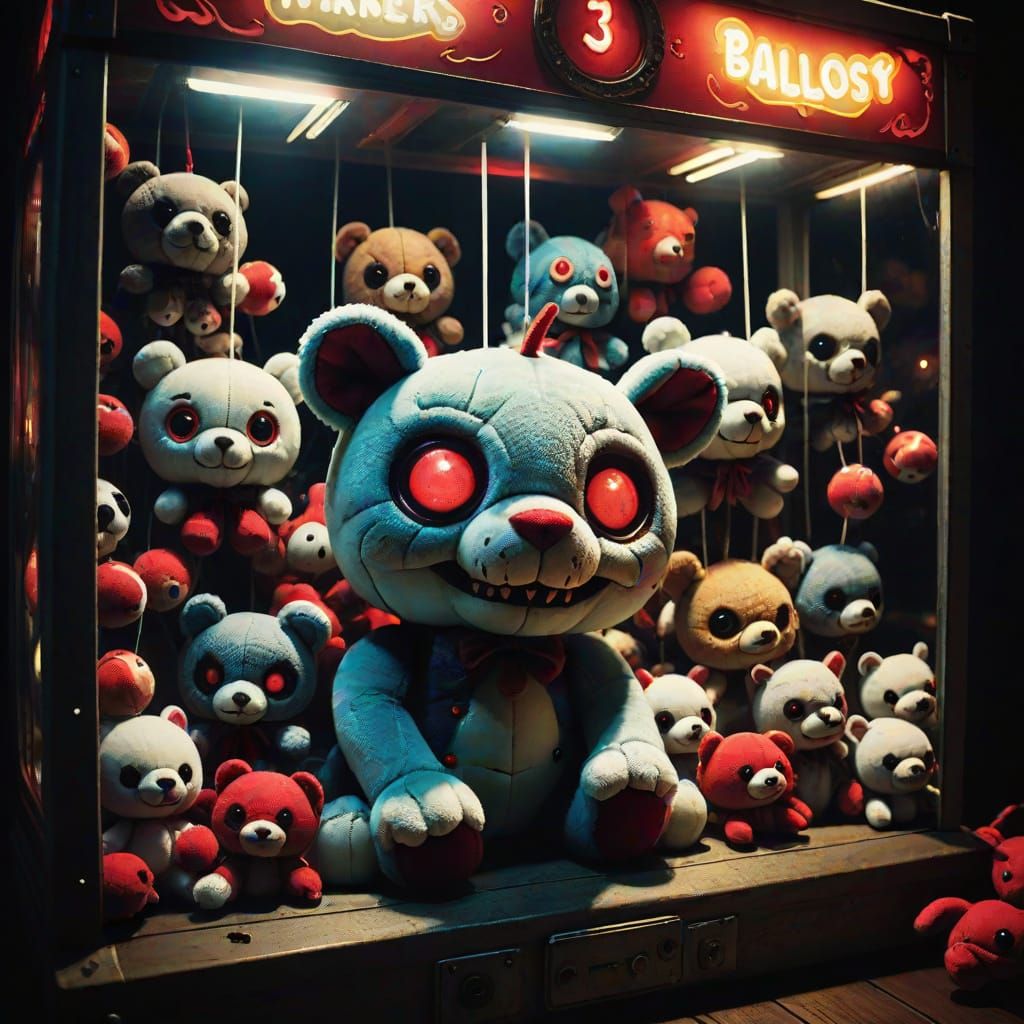 Sinister Stuffed Creatures in Eerie Carnival Claw Machine