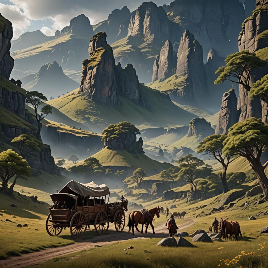 Pioneers Crossing Drakensberg: Detailed Matte Painting