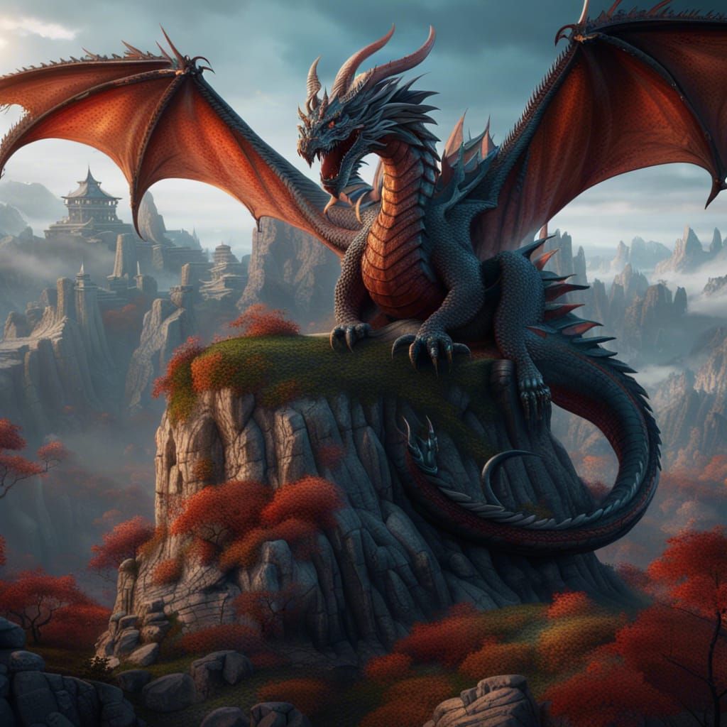 Dragon Perched on Mountain: Detailed Matte Painting