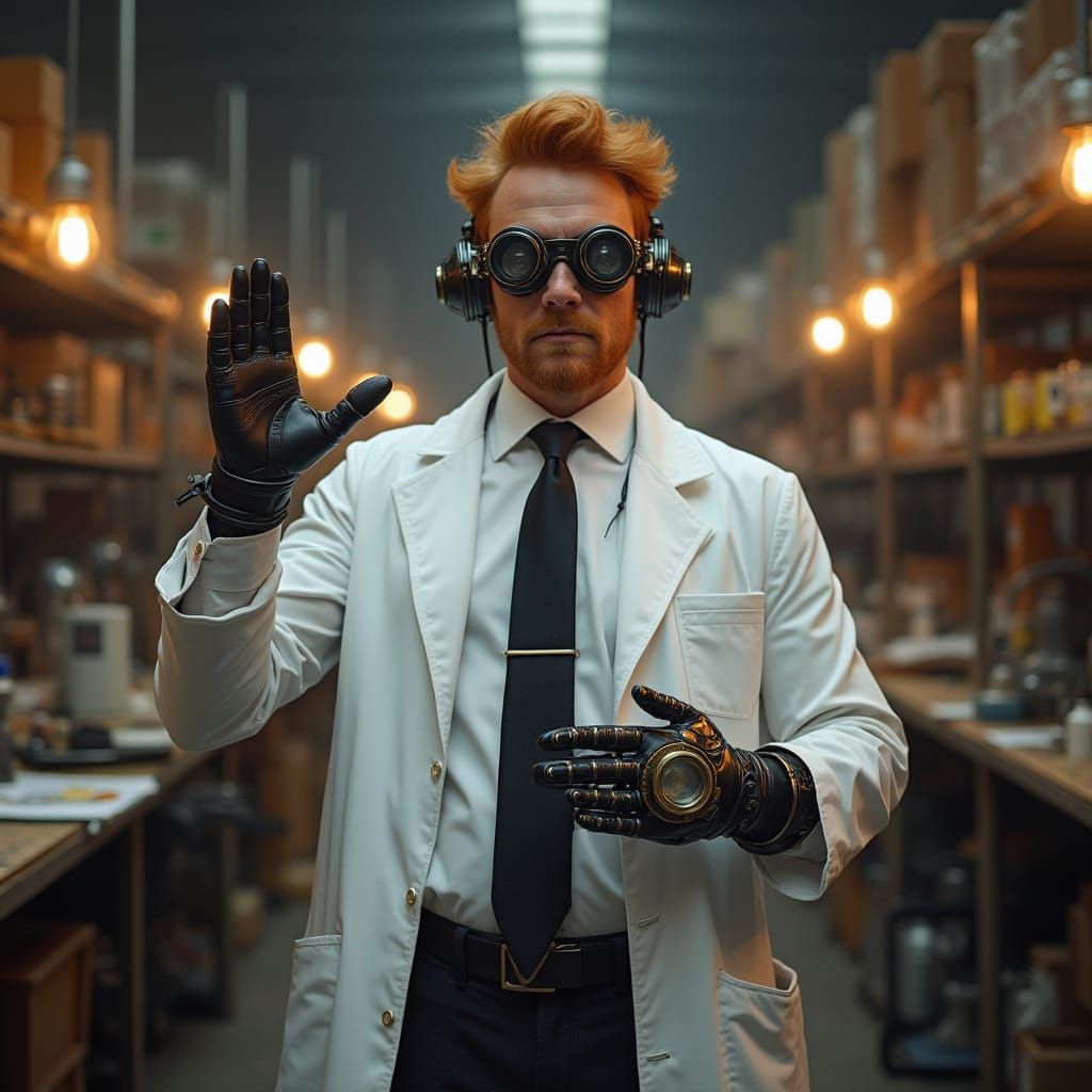 Steampunk Scientist with Cybernetic Gauntlet in Busy Lab