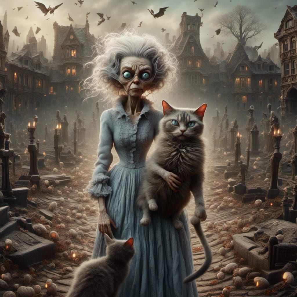 Eerie Graveyard Scene with Zombie Woman and Cat