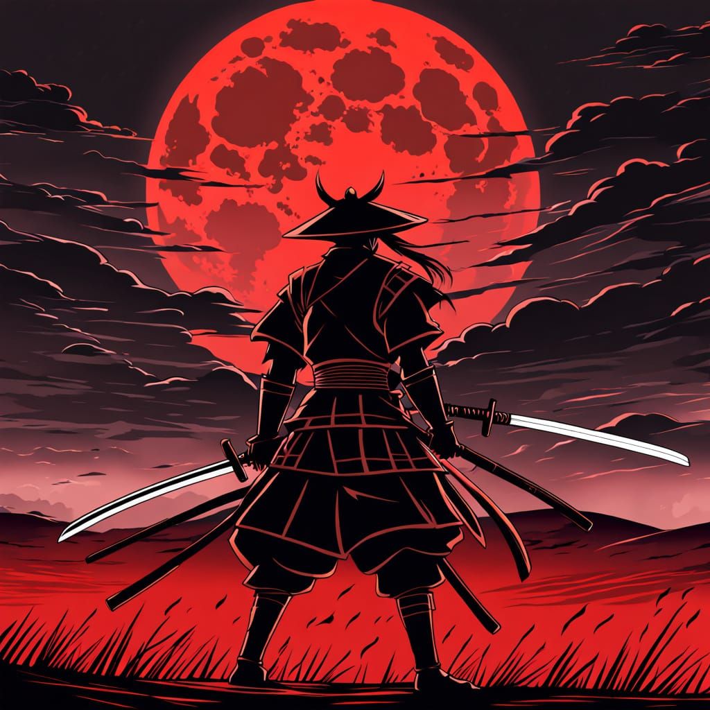 Samurai Warrior Under Blood Moon, Ready for Battle