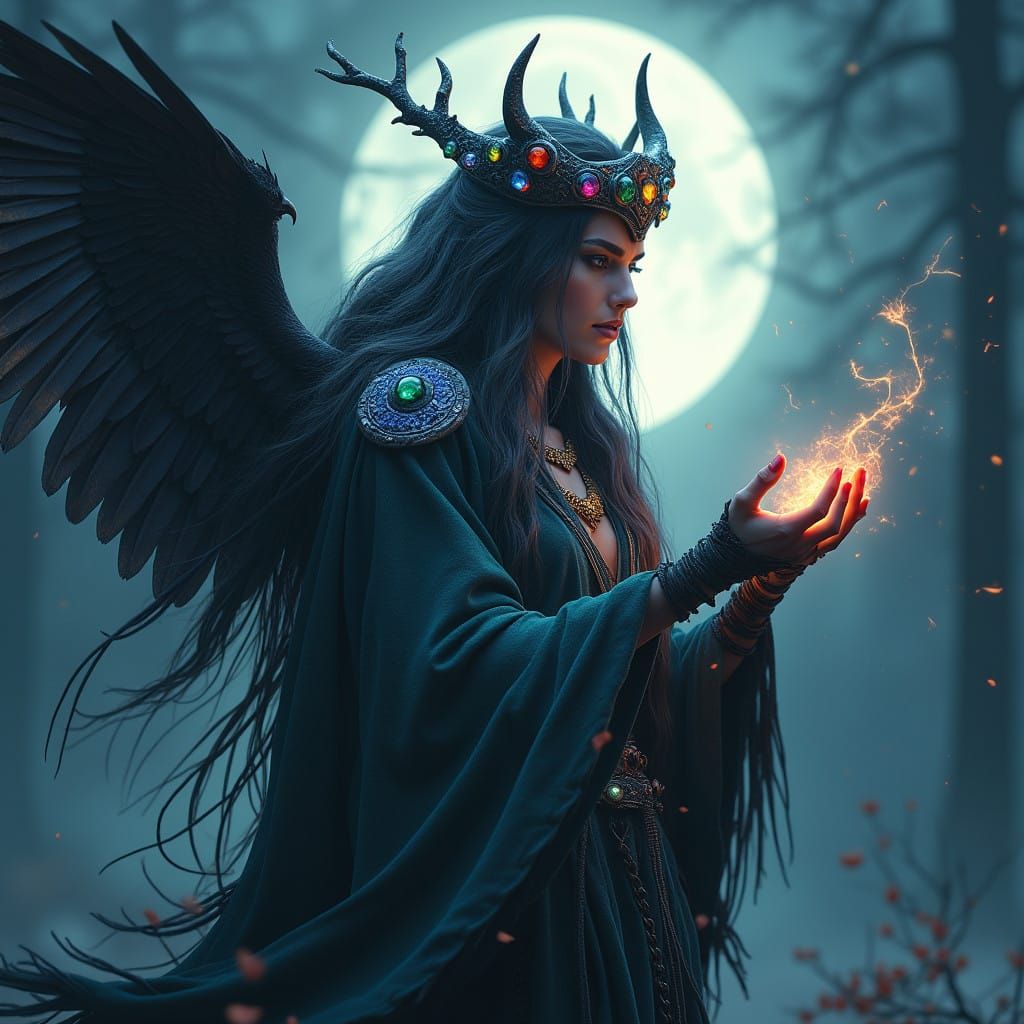 Majestic Nordic Witch Shaman Under Full Moon