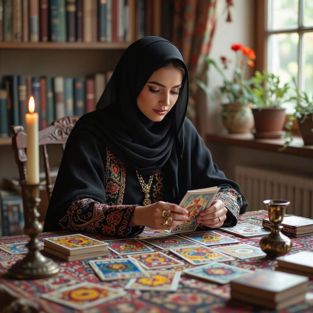 Tarot Reader with Symbolic Face in Fantasy Art Style