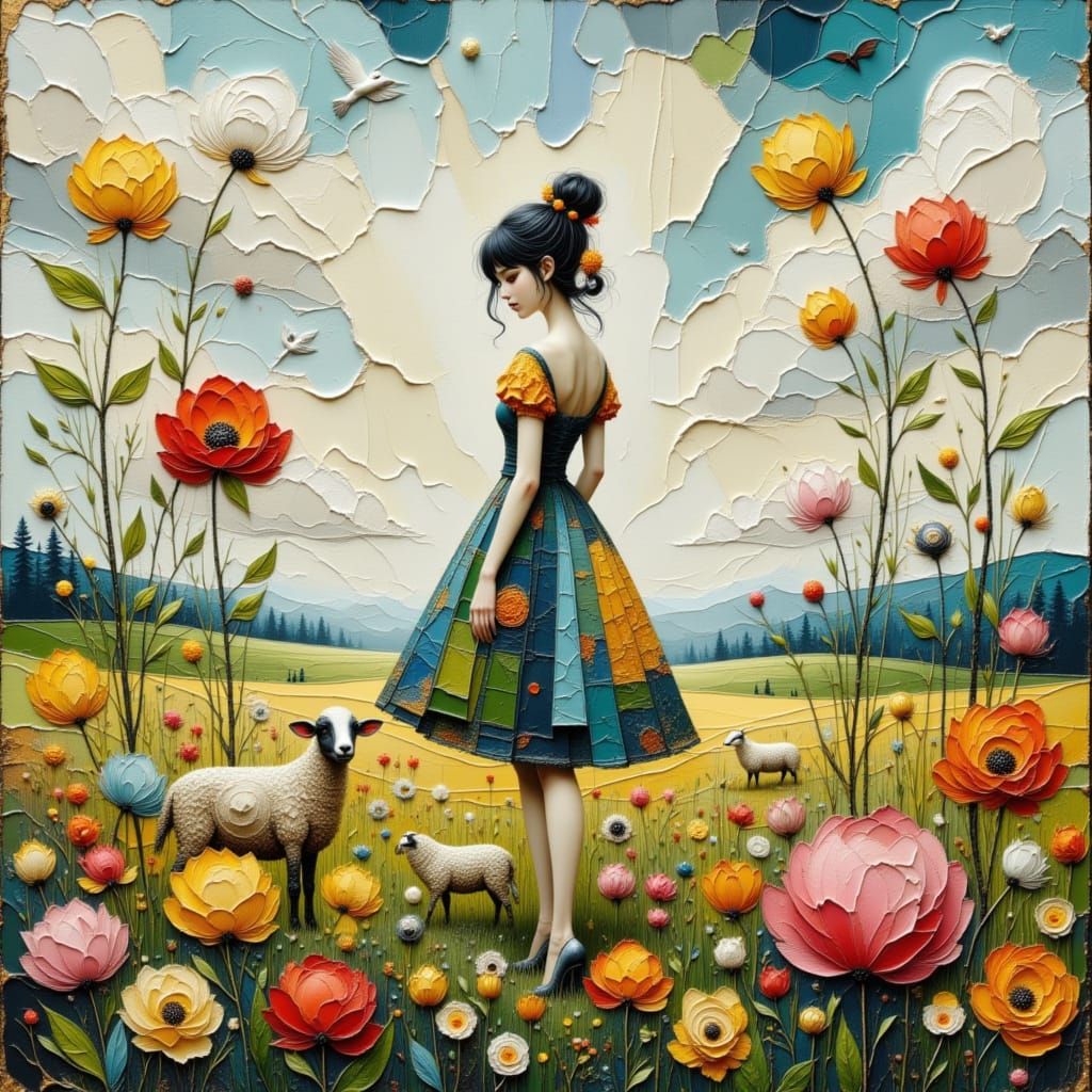 Surreal Female Figure in Meadow with Sheep