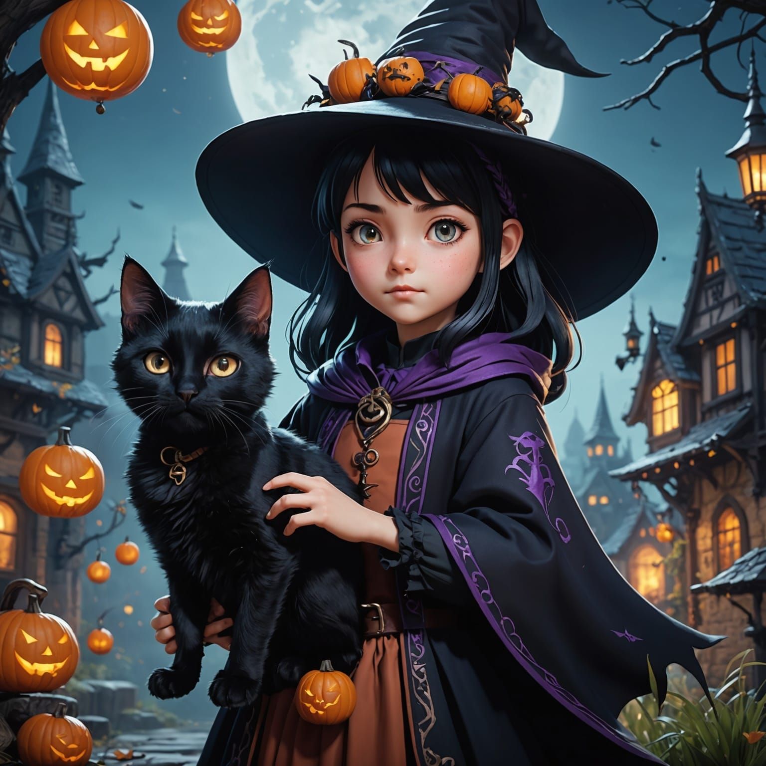 Anime Witch and Black Cat Fantasy Art