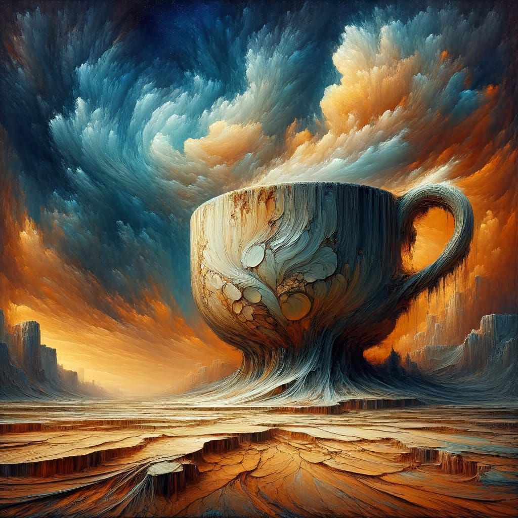 Abstract Expressionist Mammoth Teacup in Barren Landscape