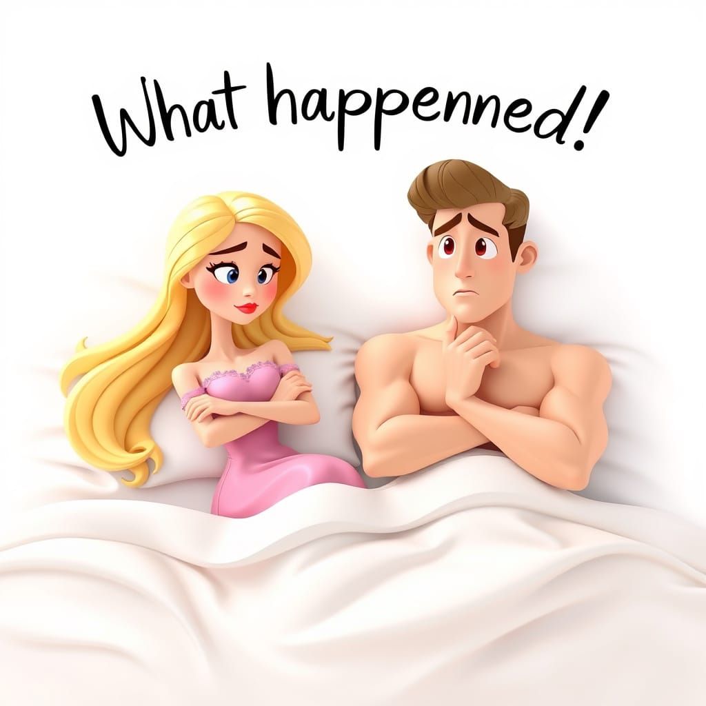 Whimsical Cartoon Couple in Bed, Sulking and Concerned