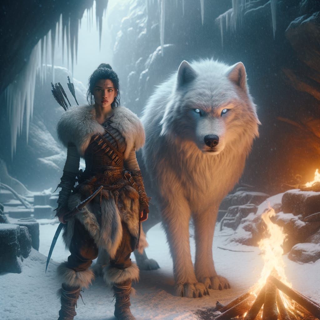 Warrior and Albino Wolf in Snowy Cave