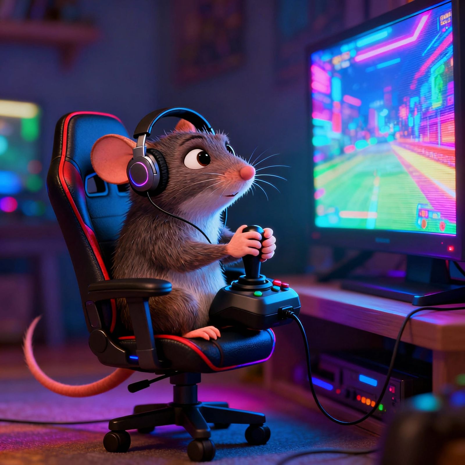Dormouse Gamer Focused on Joystick in Pixar Style