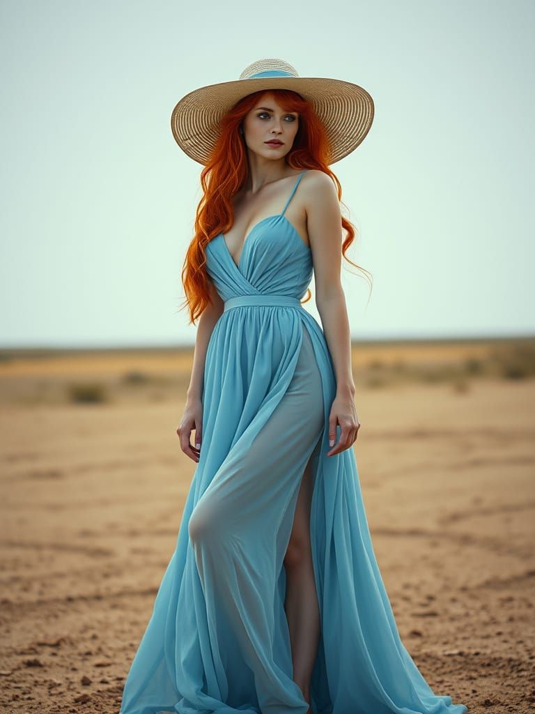 Red-Haired Beauty in Blue Gown: Pop Art Portrait