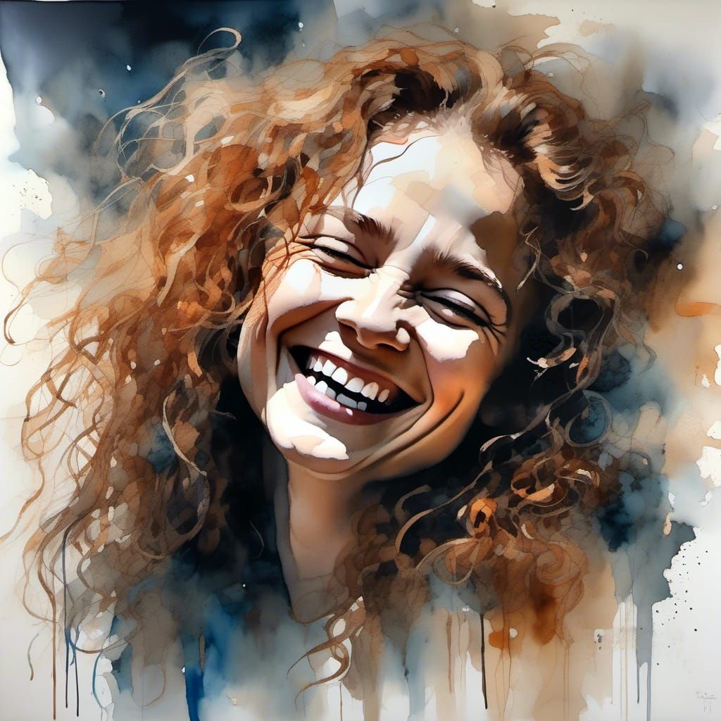 Detailed Portrait of Laughing Woman with Curly Hair