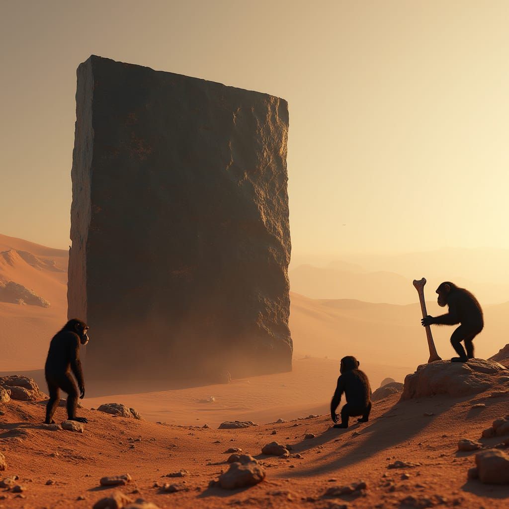Epic Desert Monolith, Chimpanzees in Awe, Cyberpunk-Inspired...