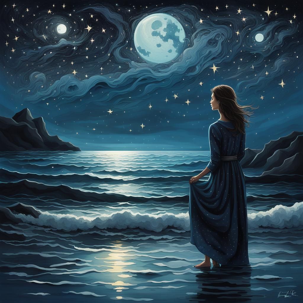Contemplative Woman and Starry Seascape