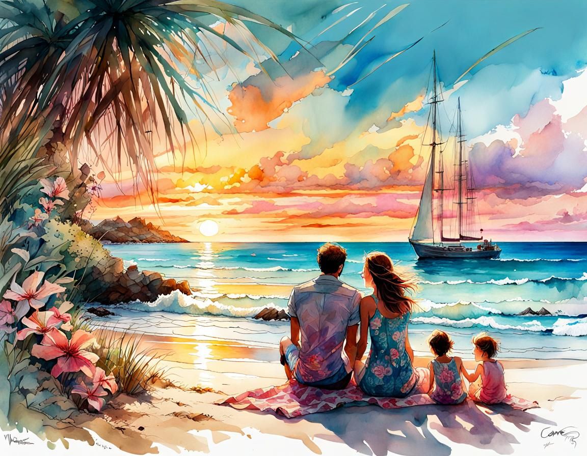 Family's Beach Holiday: a Digital Watercolor Masterpiece
