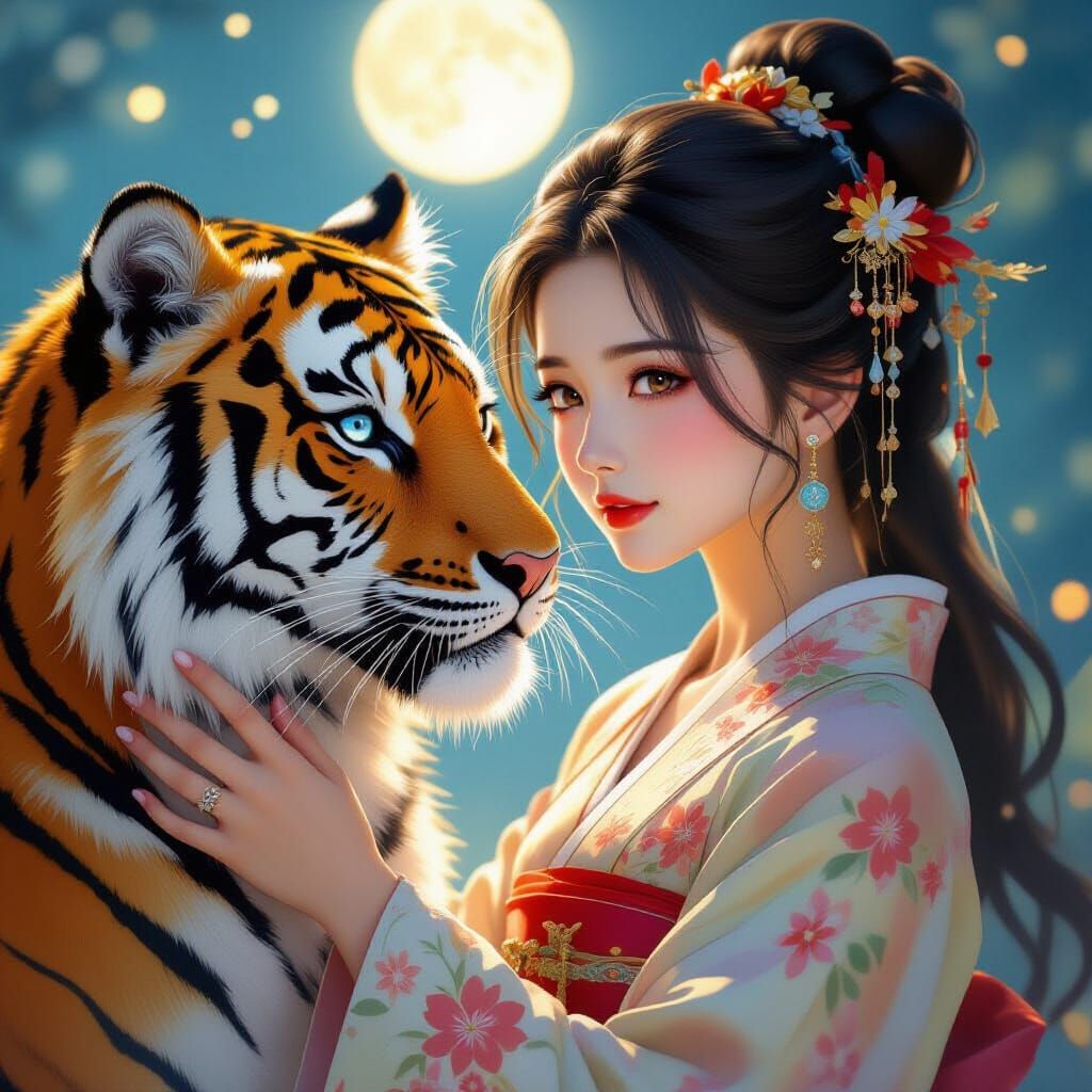 Girl with Tiger in Dreamy, Whimsical Style