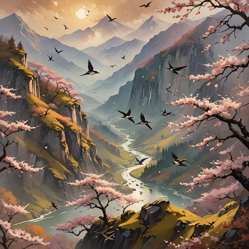Swallows in Flight: Autumn Mountain Landscape