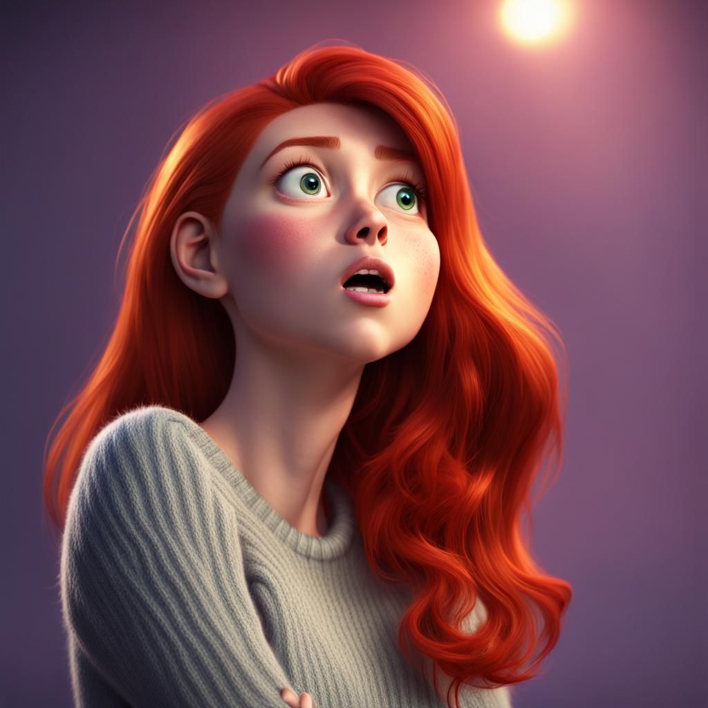Redhead's Shocked Expression in 3D Digital Art