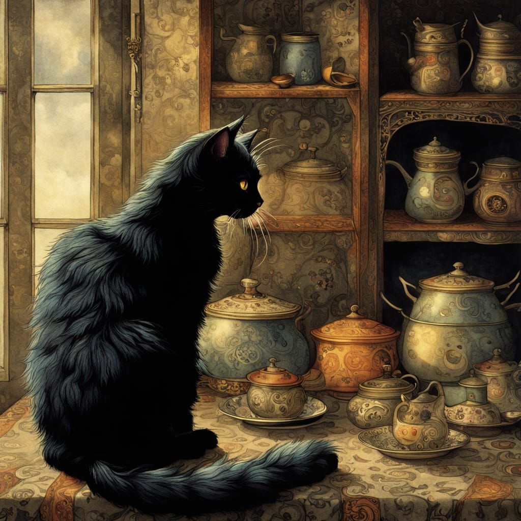 Whimsical Black Cat in Enchanted Witch's Kitchen