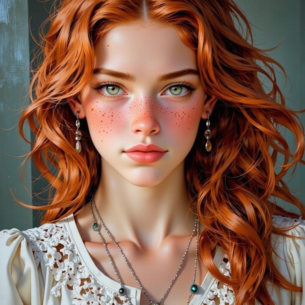 Smiling Redhead Woman with Freckles and Fluttering Hair
