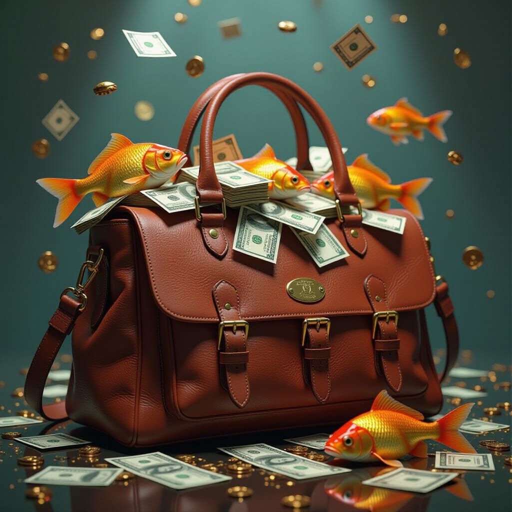 Luxury Bag Overflowing with Cash and Golden Fish