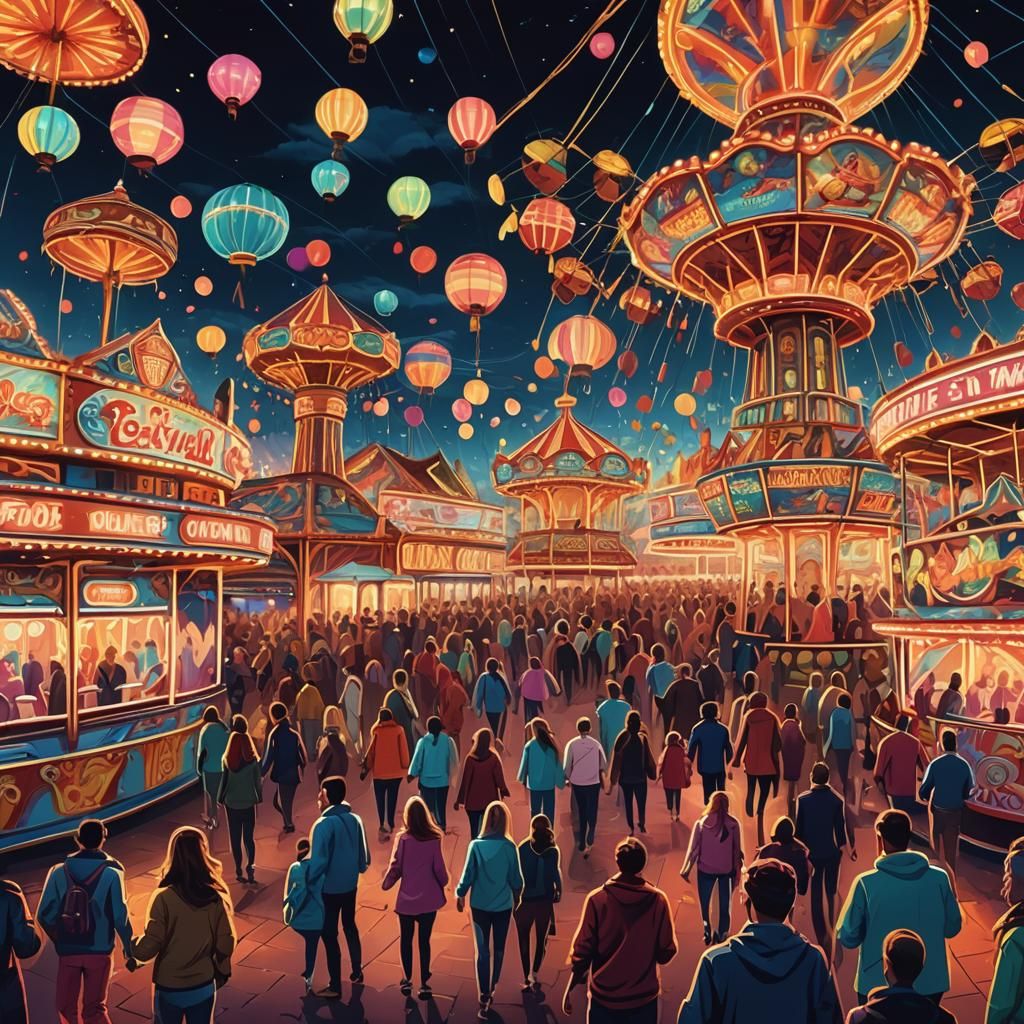 Vibrant Fairground at Night Illustration