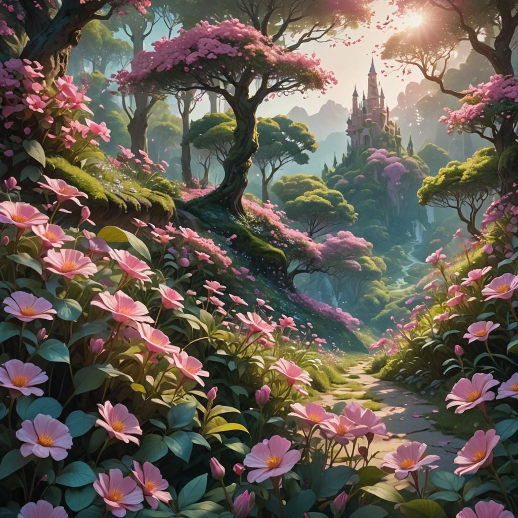 Pink Flowers in Fantasy Landscape Concept Art