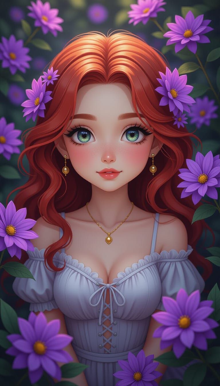 Chibi Woman with Red Hair and Purple Flowers
