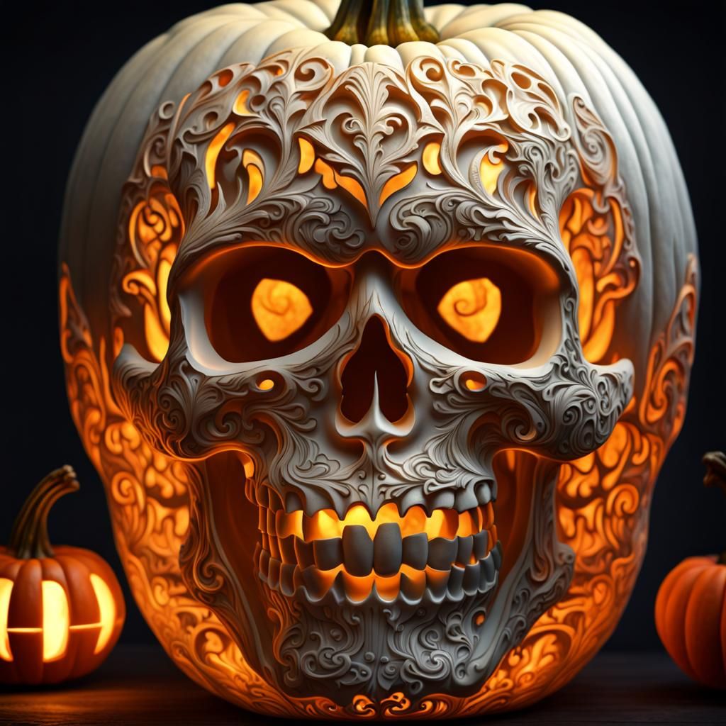 Intricate Skull Carved Pumpkin Fantasy Art