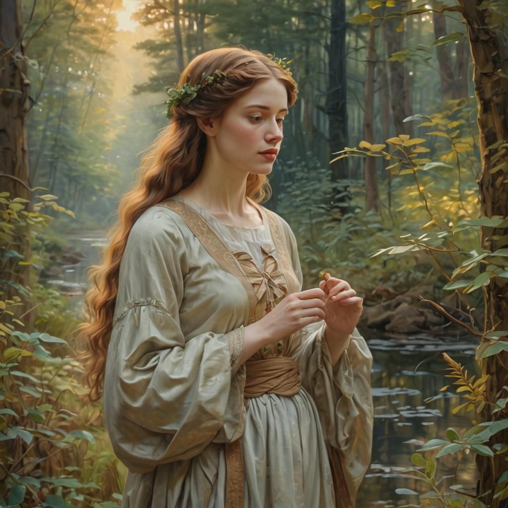 Ethereal Forest Portrait in Pre-Raphaelite Style