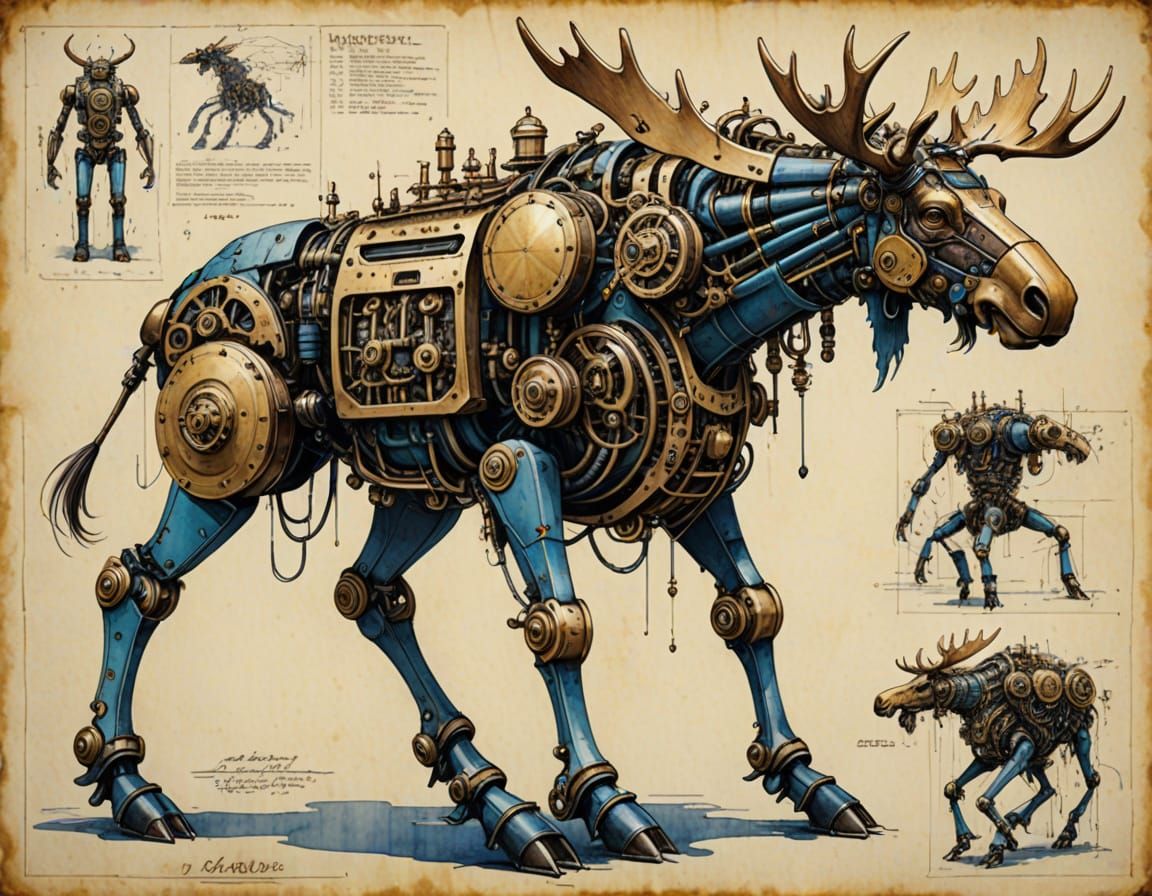 Mechanical Moose Robot Schematics in Golden Ink Style