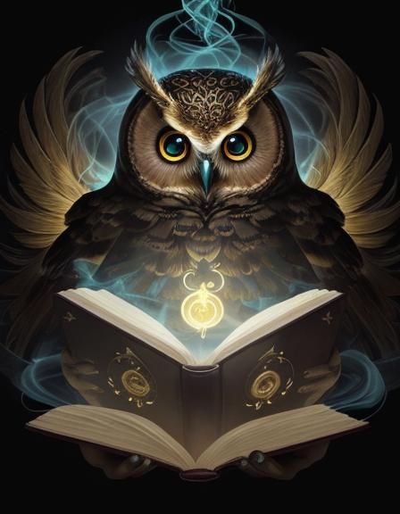 Golden Owl Reads Magic Book Amidst Smoke